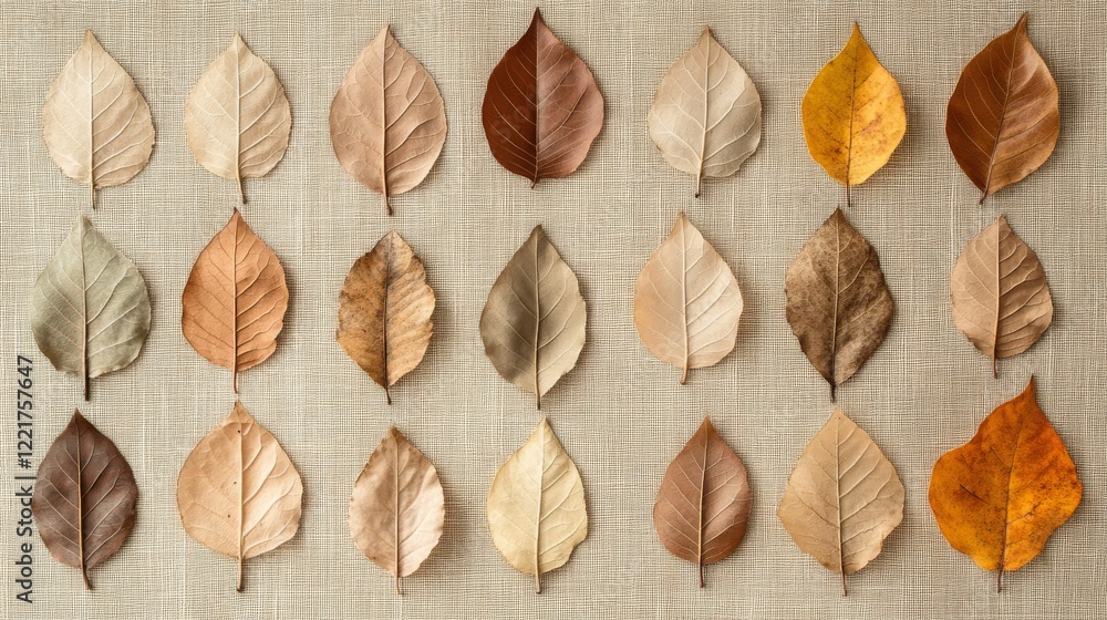Poster autumn leaves arranged in a grid pattern on fabric