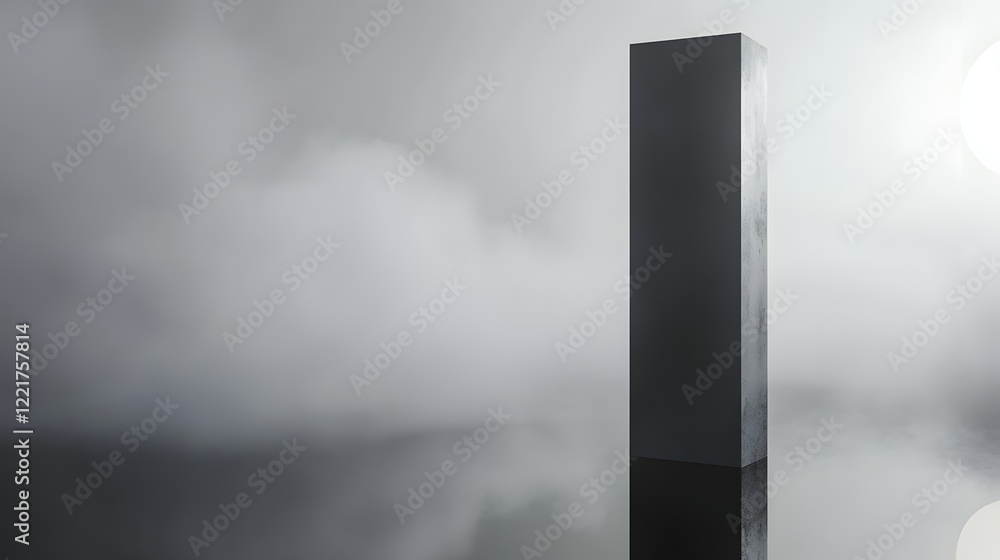 Poster a tall podium with geometric edges, surrounded by a gentle fog on a reflective black surface, creati