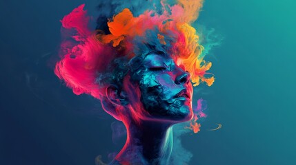 Vibrant Chromatic Dreamscape: A Woman's Face Adorned with Ethereal Colorful Smoke