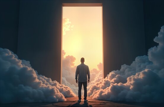 Man stands at entrance to heavenly portal. Bright light radiates from doorway through clouds. Concept of afterlife, spiritual journey. Pathway to paradise. Abstract art style. Sunrise through