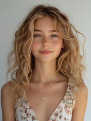 Radiant Youth: A portrait of a young woman with captivating, wavy blonde hair and a radiant smile, wearing a delicate floral dress. Her beauty is natural and captivating.