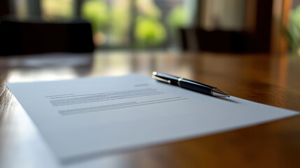 Fototapeta premium formal document on wooden table with pen beside it, conveying professionalism and readiness for signing. background features blurred view of greenery, enhancing serene atmosphere