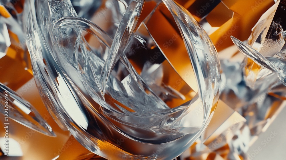 Poster dynamic swirls of silver and orange abstract shapes in motion with depth and reflections