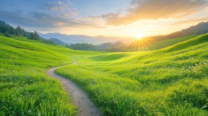 Fototapeta premium Sunrise over green hills with a winding path in nature