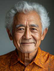 Obraz premium The Wisdom in a Smile: A close-up portrait of an elderly Asian man, with silver hair and kind eyes, radiates warmth and contentment with his gentle smile. He reflects a lifetime of experiences.