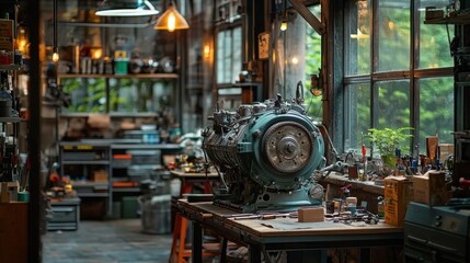 Mechanics repairing engines for enhanced durability. Industrial workshop featuring a vintage machine and natural light.