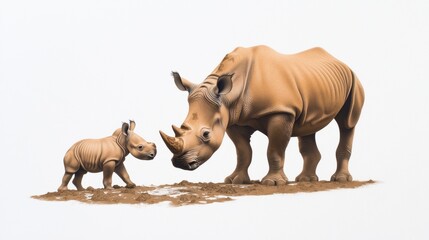 Fototapeta premium Playful Baby Rhinoceros and Mother in High Fidelity Crosshatch Art