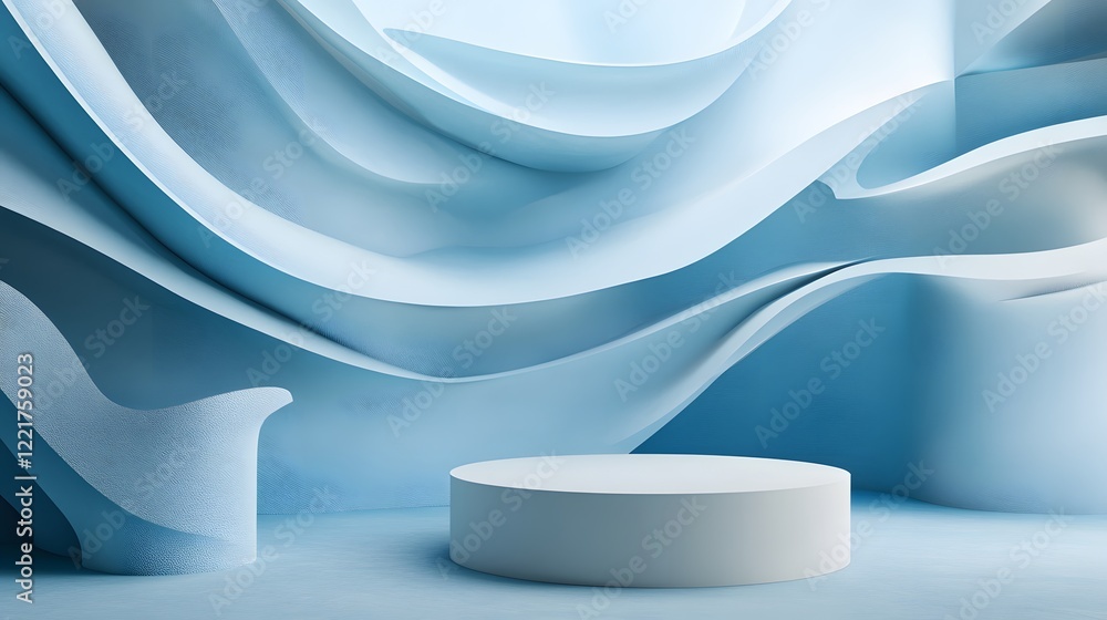 Poster a podium placed in front of a soft blue background with swirling patterns, evoking a sense of calm a