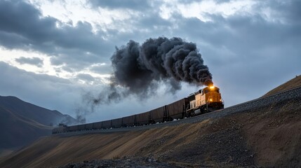 Fototapeta premium Vintage locomotive billowing smoke travels through rugged terrain under dramatic sky, showcasing the power of steam engines in stunning landscape