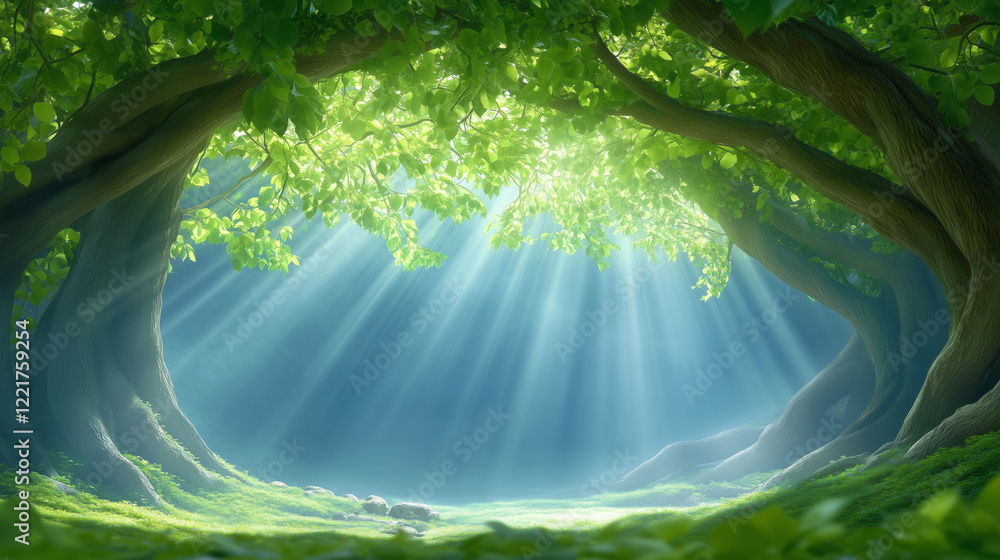 Poster sunlight filters through trees in a serene forest setting