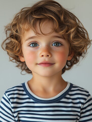 Naklejka premium Adorable Curly-Haired Toddler: A charming portrait of a toddler with captivating curly blonde hair and bright blue eyes. His rosy cheeks and sweet smile radiate innocence and warmth.