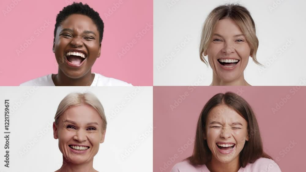Poster A vibrant collection showcases four individuals, each displaying genuine joy and laughter against a soft pink backdrop, capturing a moment of pure happiness and connection.