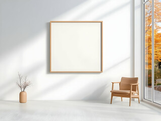 Empty frame, autumn view, chair, room