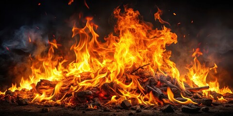 Blazing inferno with crackling flames and smoldering embers, set against a darkened background, with intense heat radiating from the burning material , smoke, burning