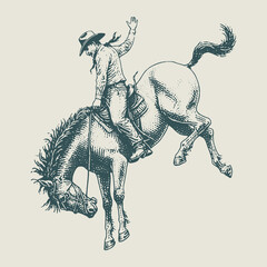 A cowboy rides a bucking bronco in a rodeo