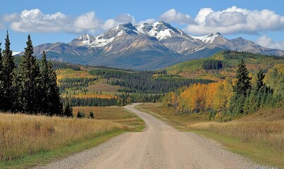 Dirt road leads towards snow-capped mountain range through autumn foliage