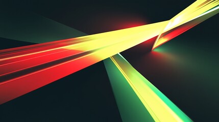Abstract geometric shapes with red, green, and yellow hues on a dark background creating a dynamic design