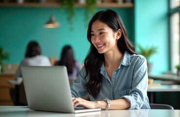 Asian woman sits happily at laptop in modern office. Works with focused expression. Turquoise walls, natural light visible. Interior setting comfortable, tech-savvy. Positive, productive work