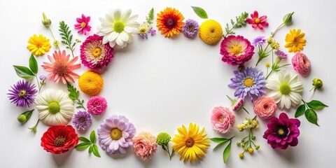 Colorful flowers arranged in a circular pattern on a smooth white background, foliage, flowers,  foliage