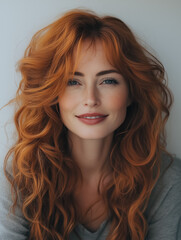Naklejka premium Redhead Beauty Portrait: A captivating portrait of a woman with luxurious, long, wavy auburn hair and a gentle smile. Her radiant beauty is highlighted by soft, natural makeup and a simple grey top. 