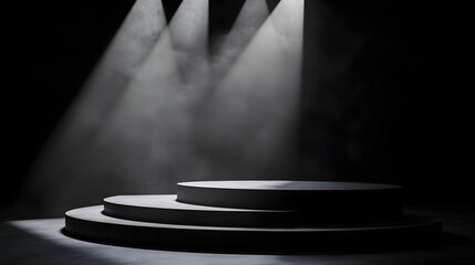 A podium on a stage set with dramatic lighting, the background a soft black gradient that focuses all attention on the podium