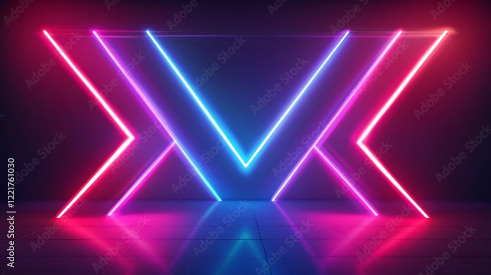 Poster abstract neon glowing geometric lines forming a symmetrical pattern and a reflective floor