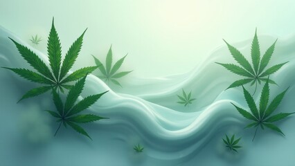 Obraz premium Abstract background where marijuana leaves merge with flowing liquid shapes and misty effects. The soft waves and fog-like elements create a dreamlike, calming atmosphere with organic movement.
