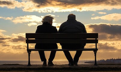 Obraz premium Elderly couple on bench watches coastal sunset with dramatic clouds