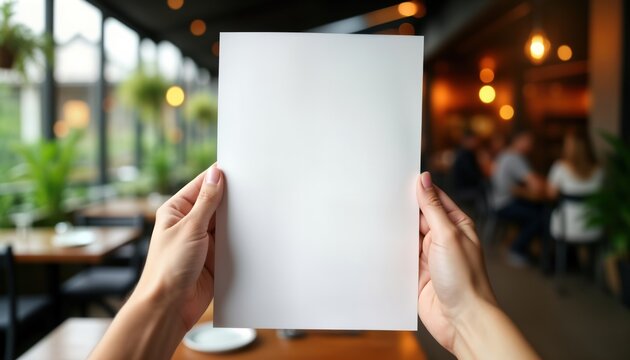 Person holds blank paper menu template in restaurant. Empty design for cafe menu. Restaurant interior blurred background. Paper square, ready for design. Blank paper in hands for restaurant menu.