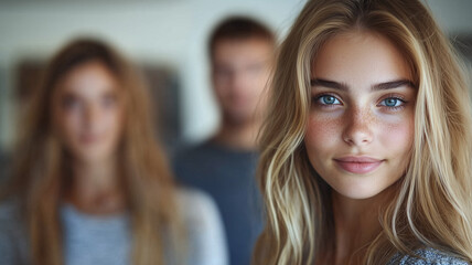 Fototapeta premium Close-up portrait of a young woman with blonde hair and blue eyes