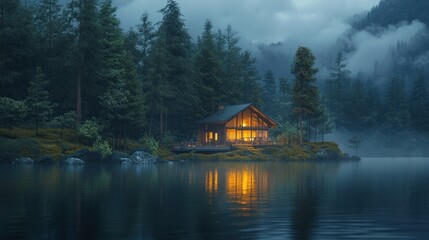 Fototapeta premium Picturesque wooden cabin nestled in a serene mountain landscape its warm glow reflected in the still waters of a misty lake surrounded by a lush forest and towering peaks