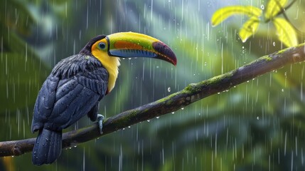 Obraz premium Chesnut mandibular Toucan large-beaked bird sitting on a branch in tropical rain, AI generated image