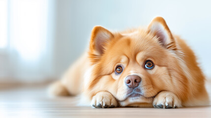 Cute dog rests on the floor looking curiously at the camera