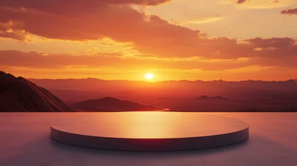 Fototapete Rund A podium on a vast desert landscape at sunset, with warm, golden hues filling the sky, creating a dramatic and expansive background © Mr image