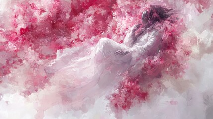 Fototapeta premium Serene Astronaut Rests Amidst Pink Blossoms