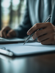 Fototapeta premium Businessman Signing Document: A close-up shot of a businessman's hand signing a document with a silver pen, conveying professionalism, focus, and meticulous attention to detail.