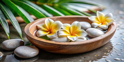 Fototapeta premium Soothing frangipani scented stones in a bath tub, aromatherapy, spa stones, aromatherapy, spa stones, wellness, peaceful