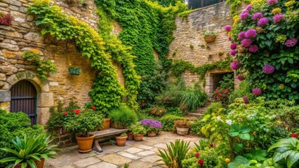 Corner of a garden with green leaves and flowers, surrounded by natural stone walls and vines , green leaves, vegetation