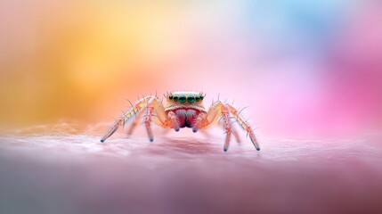 Fototapeta premium Close-Up View of Colorful Spider on Web with Vibrant Blurred Background, Showcasing Intricate Features and Unique Colors of Arthropod in Natural Habitat Setting