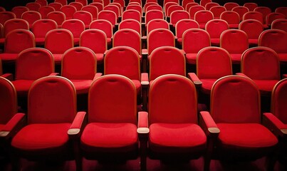 Fototapeta premium Empty red theater seats rows in auditorium, performance expectation
