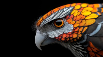 Vibrant Close-Up of a Colorful Bird Displaying Intricate Feathers and Stunning Details Against a Solid Black Background, Capturing Nature's Beauty in Focus