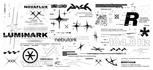 Combinations of monochrome brutalism and retrofuturistic Y2K style. Memphis digital art, acid glitch modern elements in brutalism style. HUD, Y2K, futuristic streetwear set with glitch. Vector graphic