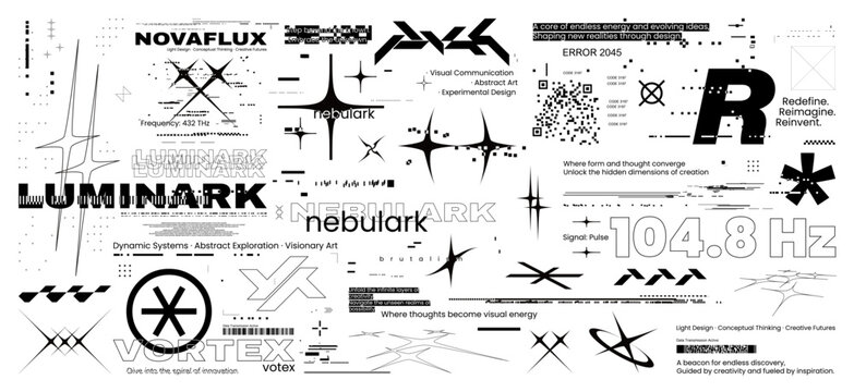 Combinations of monochrome brutalism and retrofuturistic Y2K style. Memphis digital art, acid glitch modern elements in brutalism style. HUD, Y2K, futuristic streetwear set with glitch. Vector graphic