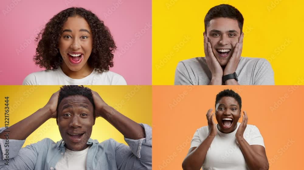 Poster a vibrant collection displays four individuals expressing joy and surprise through diverse gestures 
