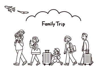 三世代　家族　旅行　飛行機　イラスト　手書き　モノクロ