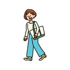 鞄を持って歩くカジュアルな服装の女性のイラスト　買い物