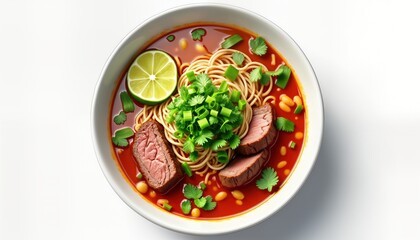 Delicious vietnamese pho with beef in white bowl. Fresh herbs cilantro, basil garnished with lime, spring onions. Bowl full of flavourful broth. Noodle in bowl cooked perfectly. Appetizing, healthy