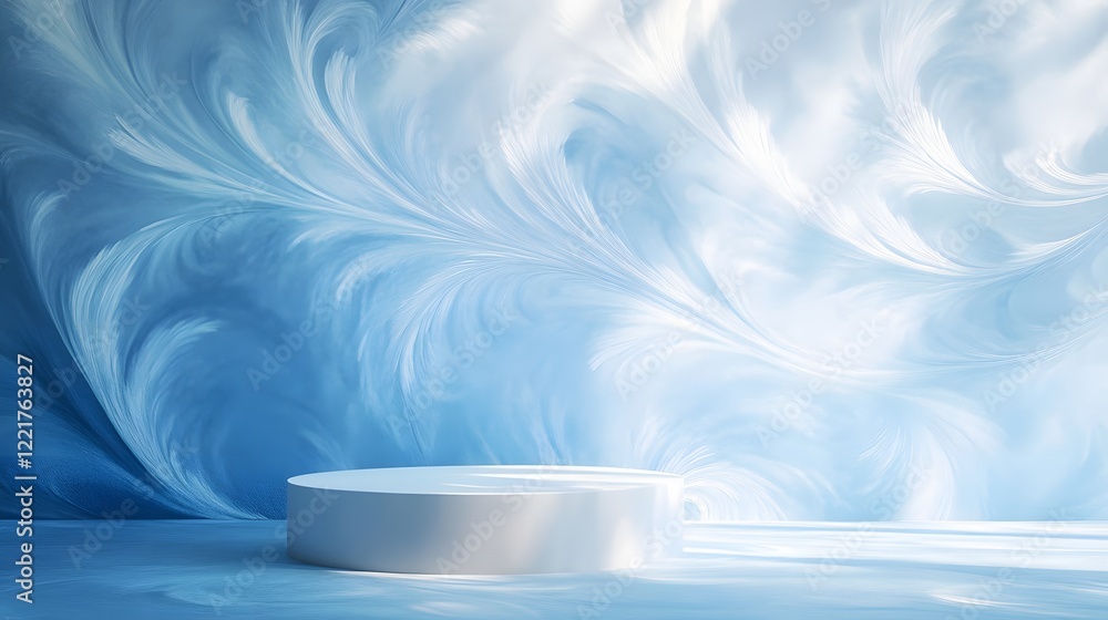 Poster a podium placed in front of a soft blue background with swirling patterns, evoking a sense of calm a