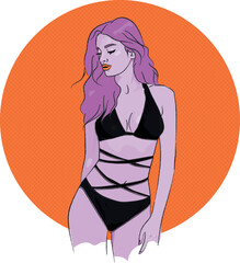 Sexy girl in bikini in purple-orange