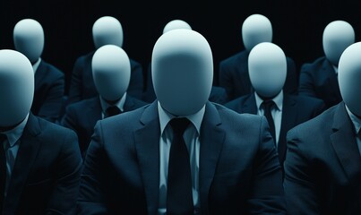 Faceless businesspeople in suits sit in dark audience, concept of anonymity, conformity